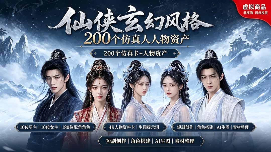 200个仙侠玄幻仿真人素材◆10男主×10女主×180配角,4K资料卡+AI生图提示词,漫剧必备-优优云网创
