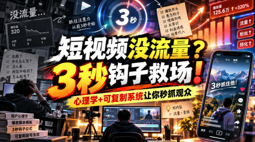 【无水印】短视频没流量?3秒钩子救场!心理学+可复制系统让你秒抓观众【原创双语字幕】-优优云网创-中创网