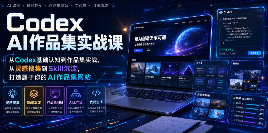 Codex AI作品集实战课,从Codex基础认知到作品集实战,从灵感搜集到Skill沉淀,打造属于你的AI作品集网站-优优云网创