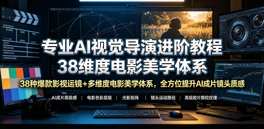 专业AI视觉导演进阶教程，38种爆款影视运镜+多维度电影美学体系，全方位提升AI成片高级感与镜头质感-优优云网创