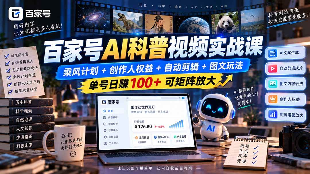 （20579期）百家号AI科普视频实战课：乘风计划+创作人权益+自动剪辑+图文玩法，单号日赚100+可矩阵放大-优优云网创-中创网