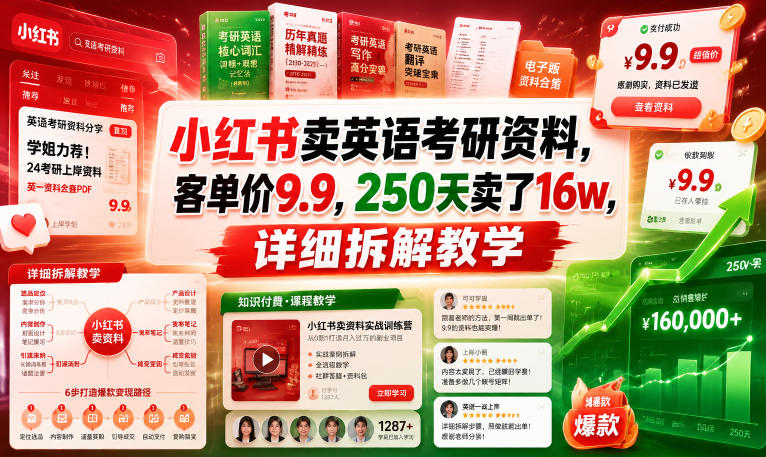小红书卖英语考研资料,客单价9.9,250天卖了16w,详细拆解教学-优优云网创