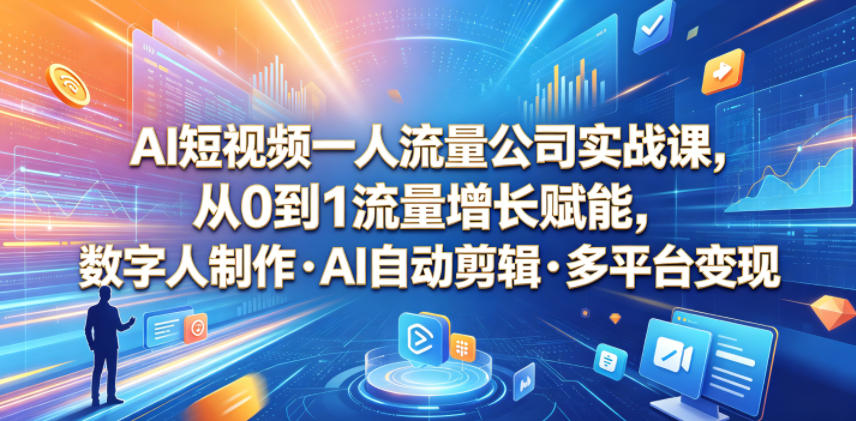 AI短视频一人流量公司实战课,从0到1流量增长赋能,数字人制作・AI自动剪辑・多平台变现,一人做流量生意全落地教程-优优云网创