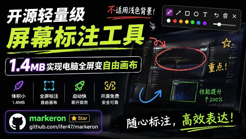 开源轻量级屏幕标注工具,1.4MB实现电脑全屏变自由画布!支持8种标注工具和全键盘操控MarkerOn-优优云网创
