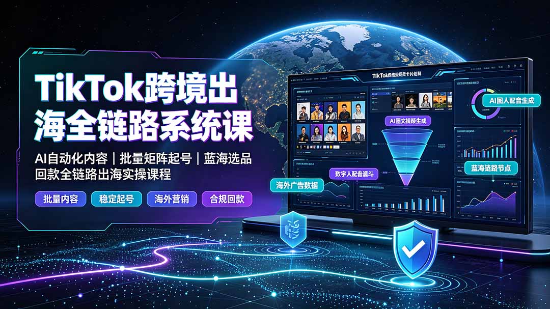 TikTok跨境出海全链路系统课-2026年7月:AI自动化内容|批量矩阵起号|蓝海选品回款全链路出海实操课程-优优云网创