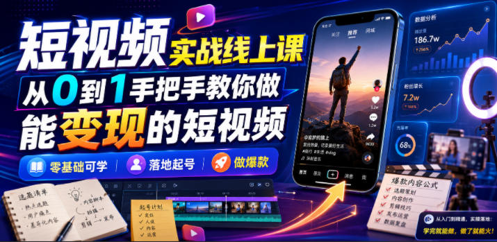 短视频实战线上课,从0到1手把手教你做能变现的短视频,零基础可学,落地起号做爆款-优优云网创