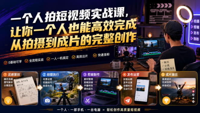 一个人拍短视频实战课，让你一个人也能高效完成从拍摄到成片的完整创作-优优云网创