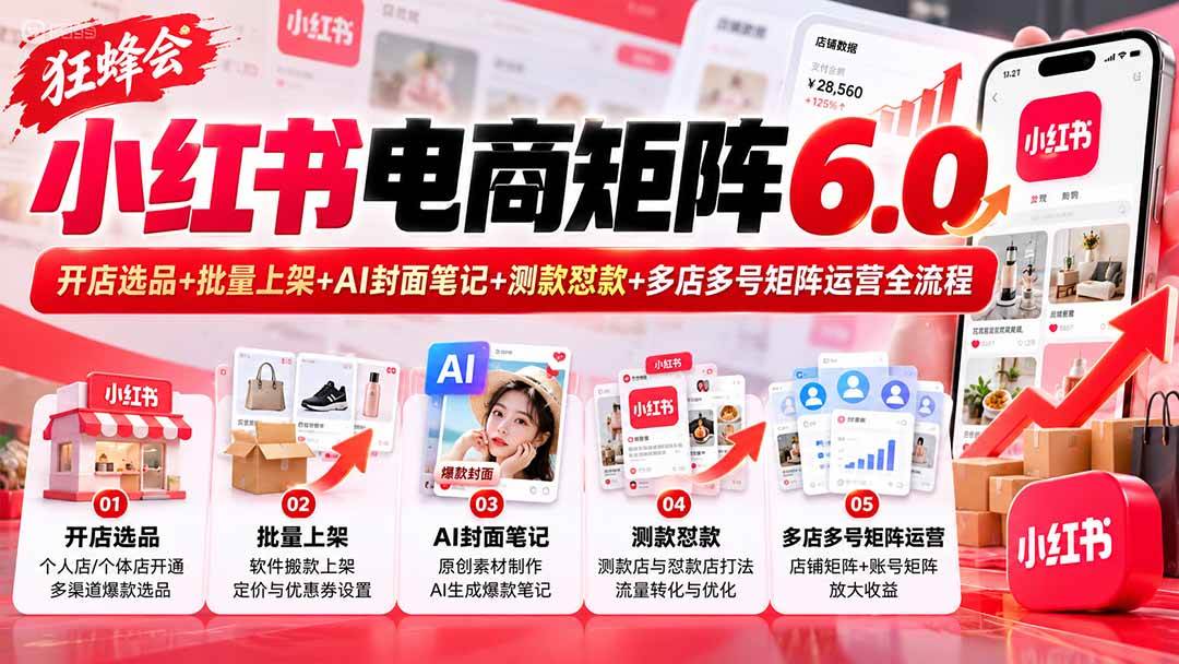 (20732期)【无水印】狂蜂会小红书电商矩阵6.0:开店选品+批量上架+AI封面笔记+测款怼款+多店多号矩阵运营全流程-优优云网创-中创网