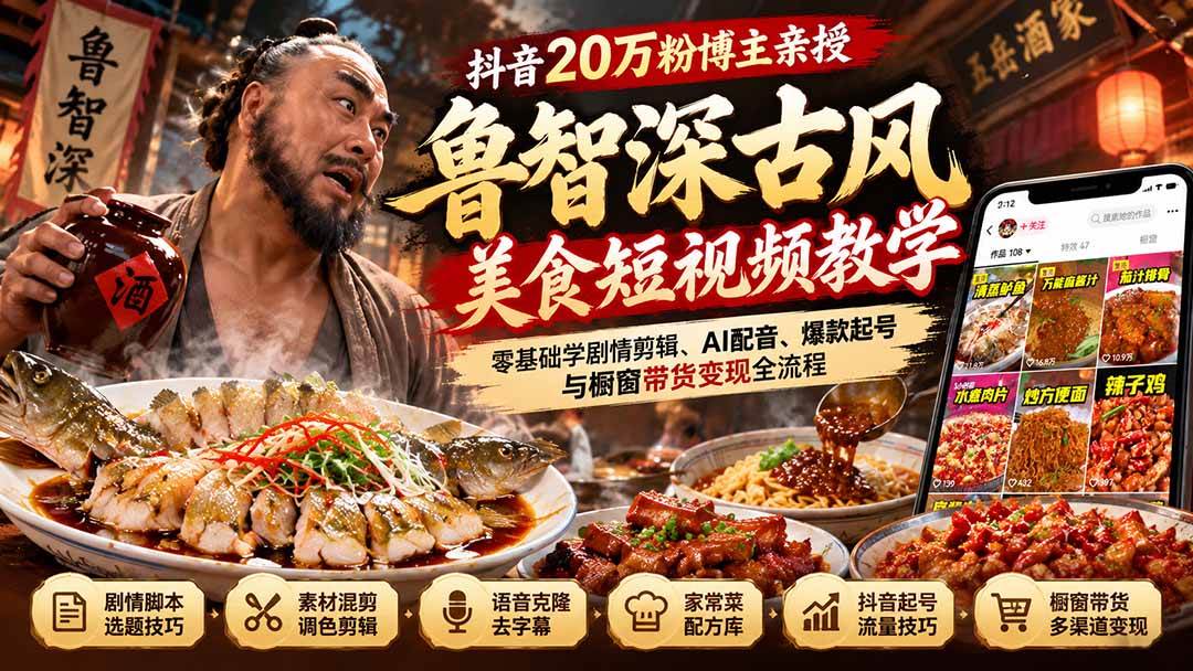 (21285期)抖音20万粉博主亲授鲁智深古风美食玩法:零基础学剧情剪辑、AI配音、爆款起号与橱窗带货变现全流程 (21285期)抖音20万粉博主亲授鲁智深古风美食玩法:零基础学剧情剪辑、AI配音、爆款起号与橱窗带货变现全流程