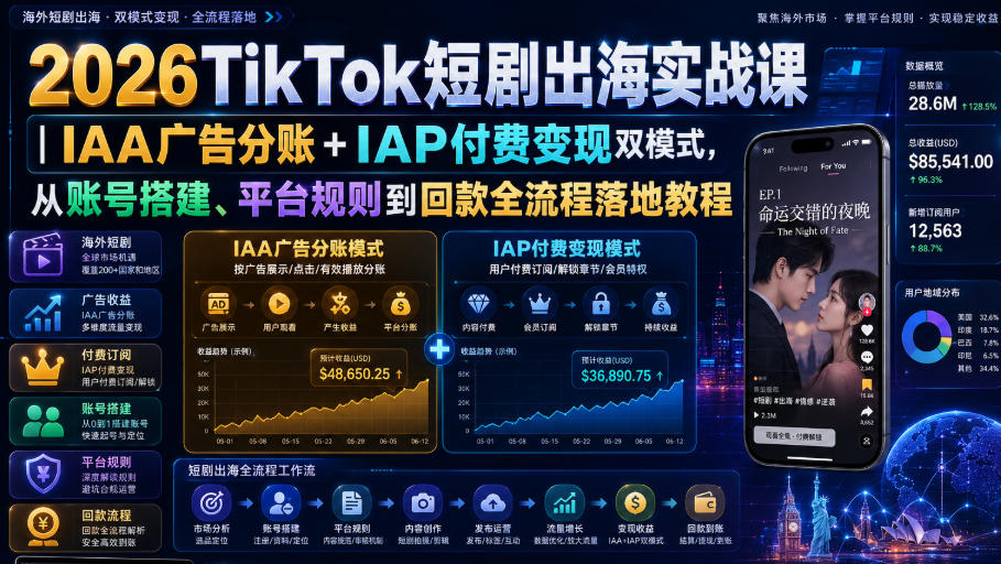2026TikTok短剧出海实战课|IAA广告分账+IAP付费变现双模式,从账号搭建、平台规则到回款全流程落地教程-优优云网创