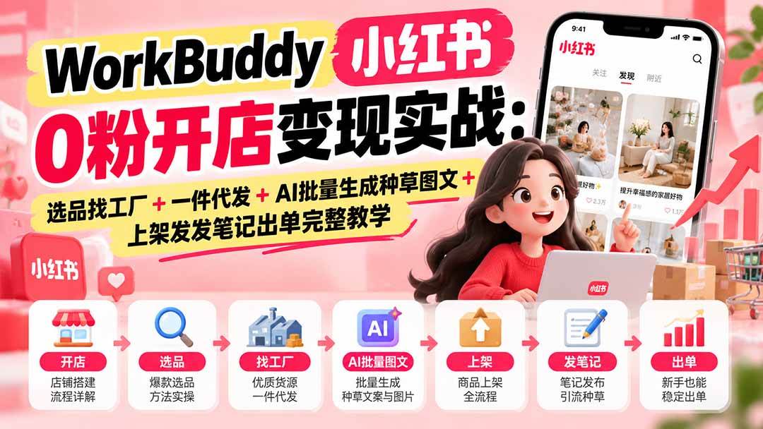 （20801期）WorkBuddy小红书0粉开店变现实战：选品找工厂+一件代发+AI批量生成种草图文+上架发发笔记出单完整教学-优优云网创-中创网