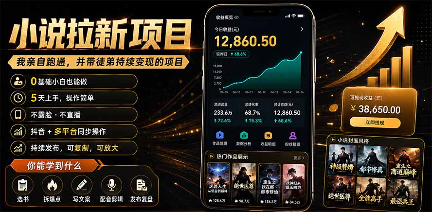 抖音及多平台小说拉新项目:我亲自跑通并持续带徒弟实操|0基础小白5天上手快速变现-优优云网创