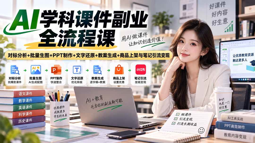 （20469期）AI学科课件副业全流程课｜对标分析+批量生图+PPT制作+文字还原+教案生成+商品上架与笔记引流变现-优优云网创-中创网
