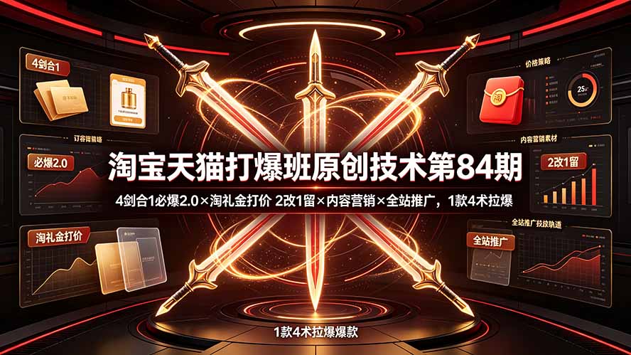 淘宝天猫打爆班原创技术第84期：4剑合1必爆2.0×淘礼金打价×2改1留×内容营销×全站推广，1款4术拉爆-优优云网创
