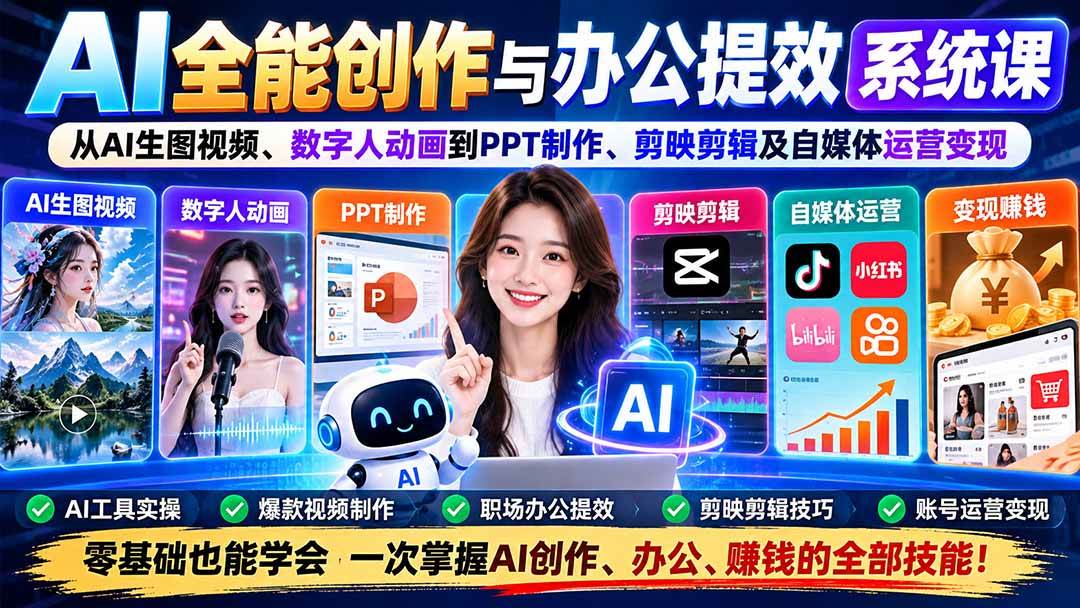 (20885期)AI全能创作与办公提效系统课:从AI生图视频、数字人动画到PPT制作、剪映剪辑及自媒体运营变现-优优云网创-中创网