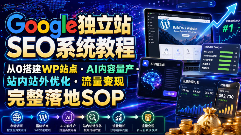 Google独立站SEO系统教程,从0搭建WP站点・AI内容量产・站内站外优化・流量变现完整落地SOP(2026年7月)-优优云网创