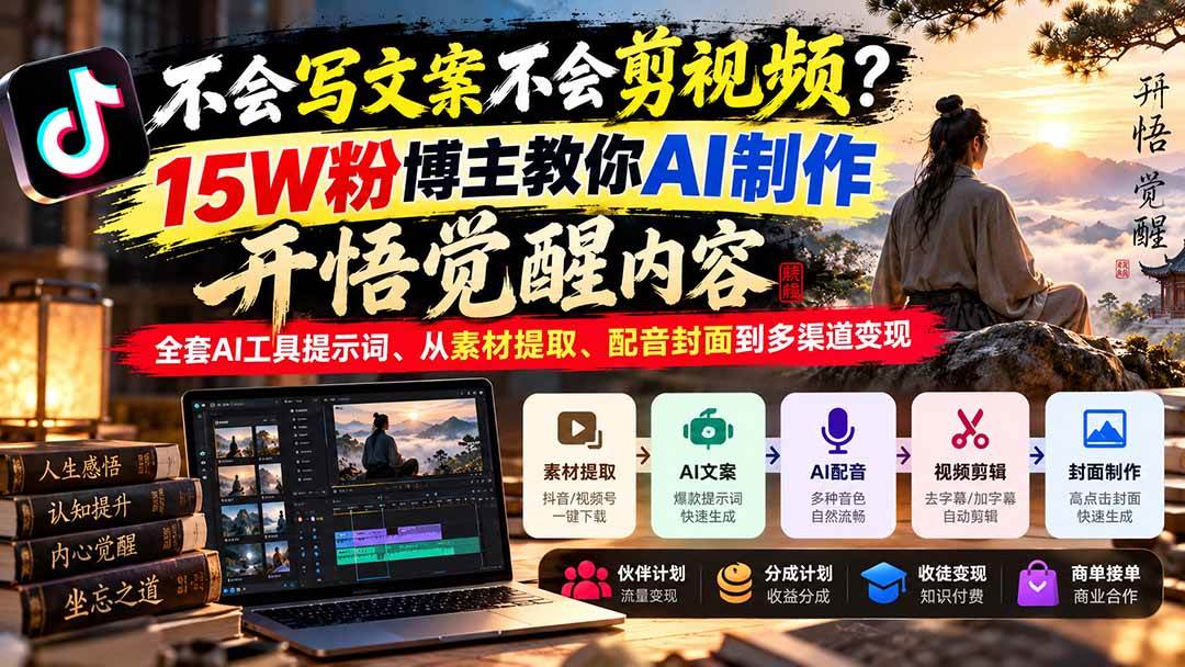 （21085期）不会写文案不会剪视频？15W粉博主教你AI制作开悟觉醒内容，全套AI工具提示词、从素材提取、配音封面到多渠道变现-优优云网创-中创网