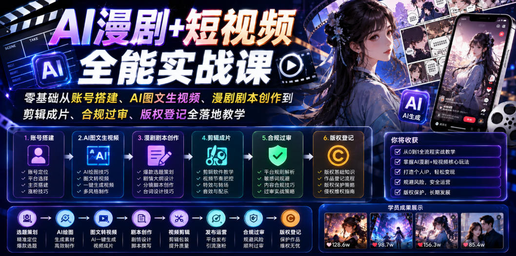 AI漫剧+短视频全能实战课|零基础从账号搭建、AI图文生视频、漫剧剧本创作到剪辑成片、合规过审、版权登记全落地教学-优优云网创