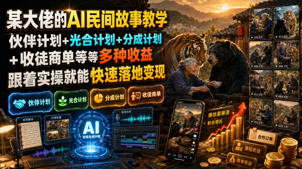 某大佬的AI民间故事教学，伙伴计划+光合计划+分成计划+收徒商单等多种收益，跟着实操就能快速落地变现-优优云网创