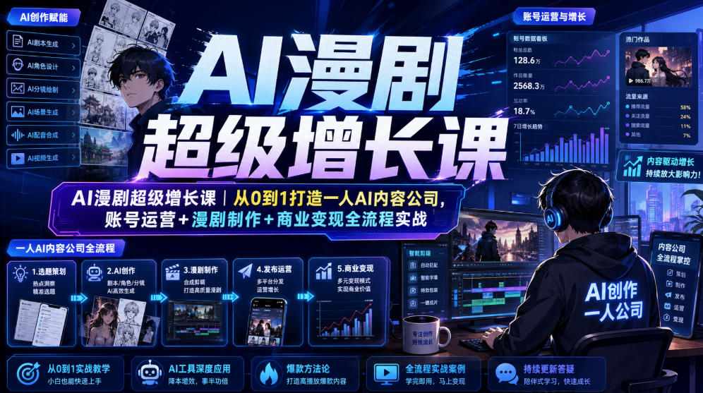 AI漫剧超级增长课|从0到1打造一人AI内容公司,账号运营+漫剧制作+商业变现全流程实战-优优云网创