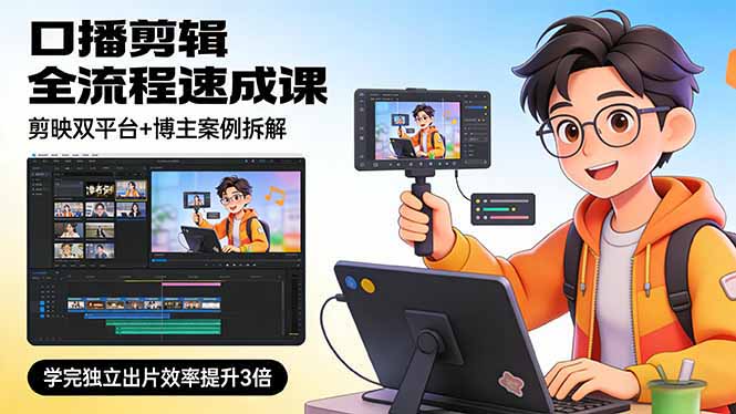 口播剪辑全流程速成课,剪映双平台+博主案例拆解,学完独立出片效率提升3倍-优优云网创