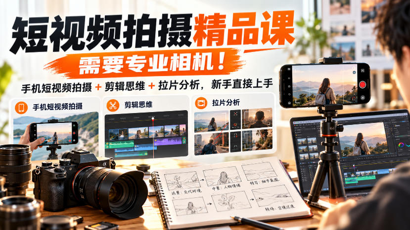 短视频拍摄精品课,需要专业相机!手机短视频拍摄+剪辑思维+拉片分析,新手直接上手-优优云网创-中创网