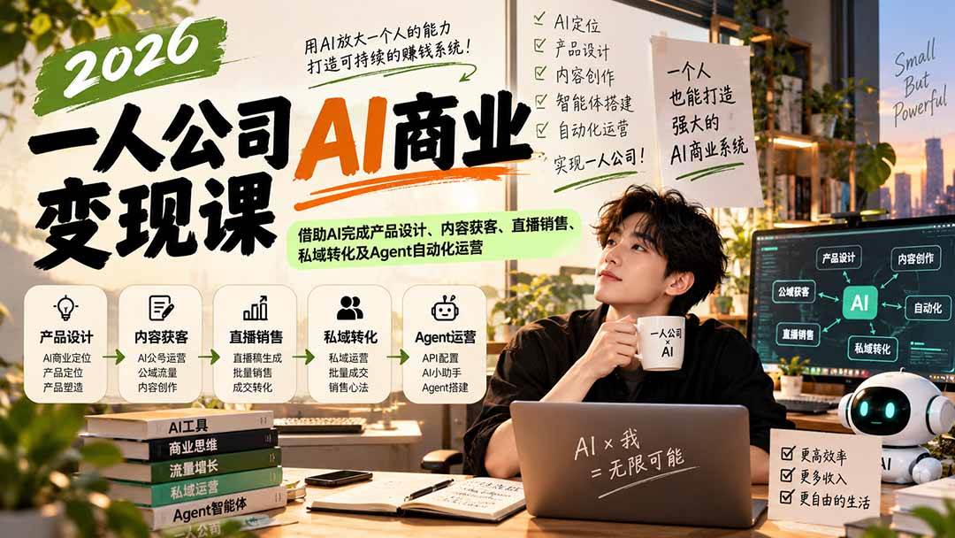 （20901期）2026一人公司AI商业变现课：借助AI完成产品设计、内容获客、直播销售、私域转化及Agent自动化运营-优优云网创-中创网