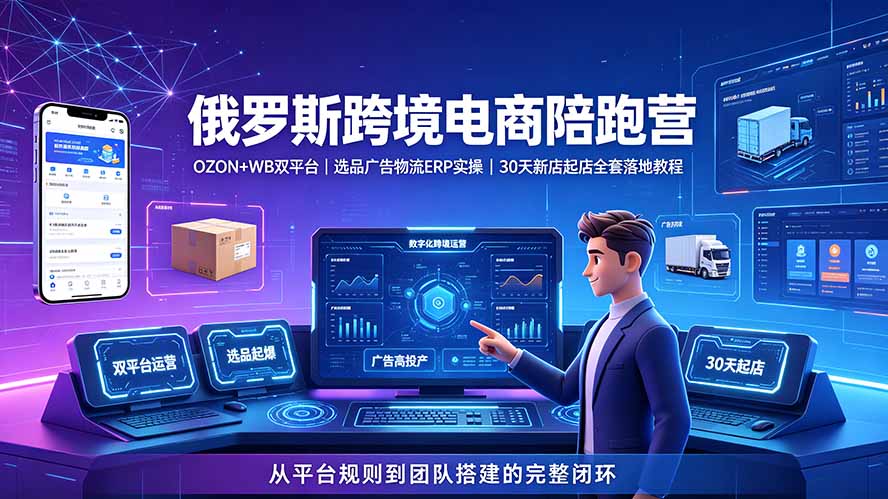 2026俄罗斯跨境电商陪跑营:OZON+WB双平台|选品广告物流ERP实操|30天新店起店全套落地教程-优优云网创
