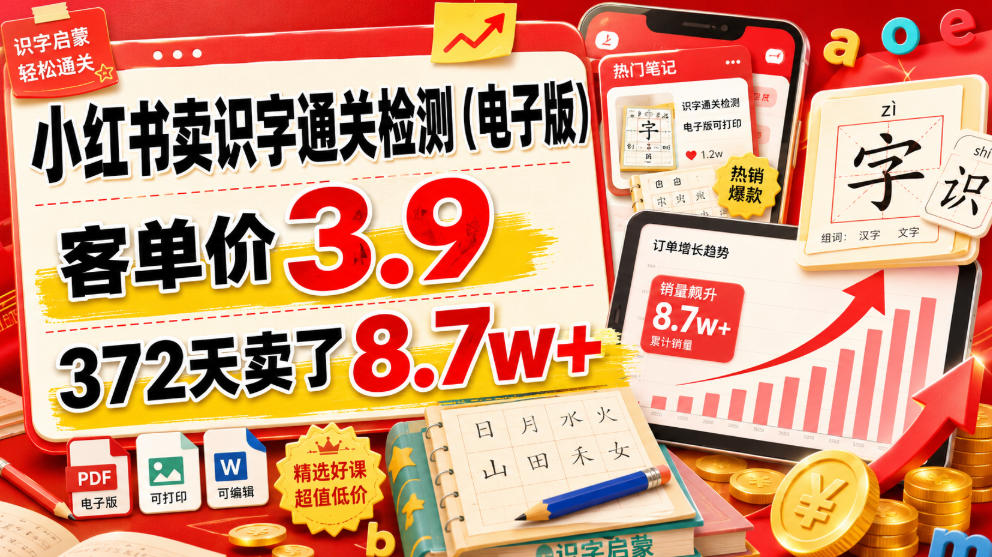 小红书卖识字通关检测(电子版),客单价3.9,372天卖了8.7w+-优优云网创