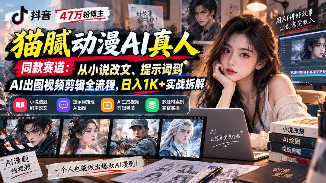 (20524期)抖音47万粉博主猫腻动漫AI真人同款赛道:从小说改文、提示词到AI出图视频剪辑全流程,日入1K+实战拆解-优优云网创-中创网