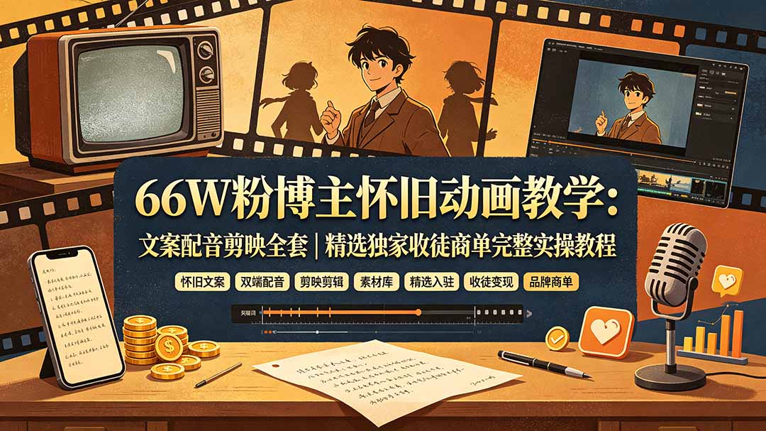 66W粉博主怀旧动画教学:文案配音剪映全套|精选独家收徒商单完整实操教程-优优云网创