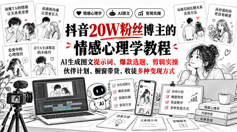 抖音20W粉丝博主的情感心理学教程,AI生成图文提示词、爆款选题、剪辑实操,伙伴计划、橱窗带货、收徒多种变现方式 抖音20W粉丝博主的情感心理学教程,AI生成图文提示词、爆款选题、剪辑实操,伙伴计划、橱窗带货、收徒多种变现方式