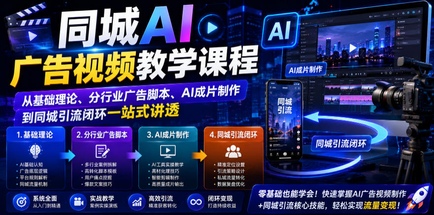 同城AI广告视频教学课程,从基础理论、分行业广告脚本、AI成片制作到同城引流闭环一站式讲透-优优云网创