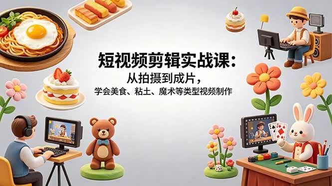 (18375期)短视频剪辑实战课:从拍摄到成片,学会美食、粘土、魔术等类型视频制作-优优云网创