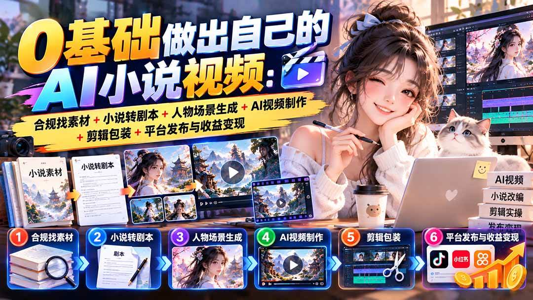 (20741期)0基础做出自己的AI小说视频:合规找素材+小说转剧本+人物场景生成+AI视频制作+剪辑包装+平台发布与收益变现-优优云网创-中创网