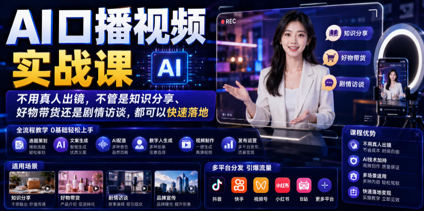 AI口播视频实战课,不用真人出镜,不管是知识分享、好物带货还是剧情访谈,都可以快速落地-优优云网创