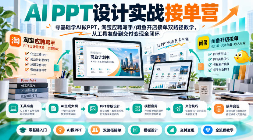 AI PPT设计实战接单营｜零基础学AI做PPT，淘宝应聘写手/闲鱼开店接单双路径教学，从工具准备到交付变现全闭环-优优云网创-中创网
