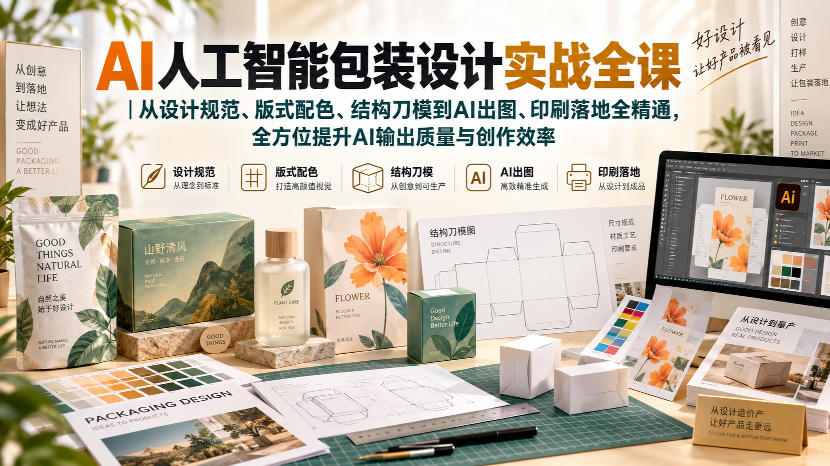 AI人工智能包装设计实战全课|从设计规范、版式配色、结构刀模到AI出图、印刷落地全精通-优优云网创-中创网
