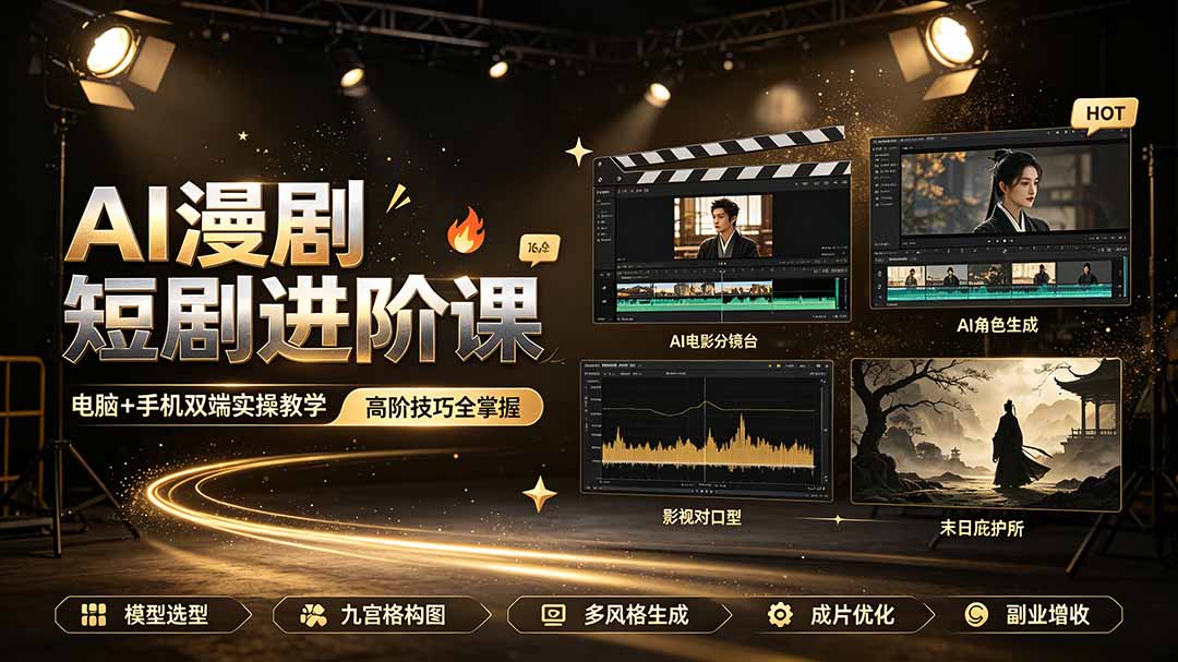 AI漫剧短剧进阶课｜电脑+手机双端实操教学｜影视剧对口型人物吃瓜×解压末日庇护所全程讲解，高阶技巧全掌握-优优云网创
