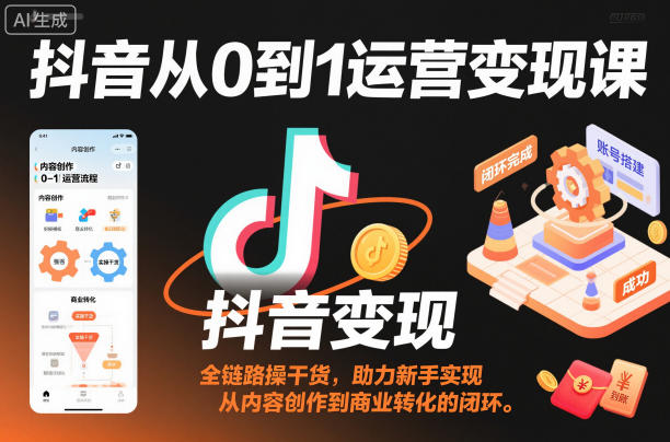 抖音从0到1运营变现课，全链路实操干货，助力新手实现从内容创作到商业转化的闭环-优优云网创