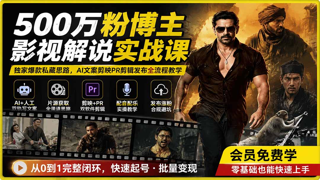 500万粉博主影视解说实战课|独家爆款私藏思路,AI文案剪映PR剪辑发布全流程教学-优优云网创