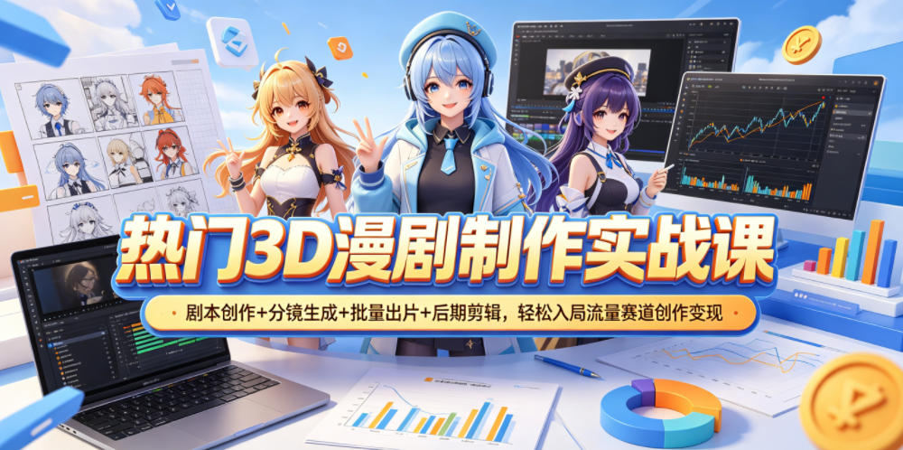 热门3D漫剧制作实战课,剧本创作+分镜生成+批量出片+后期剪辑,轻松入局流量赛道创作变现-优优云网创