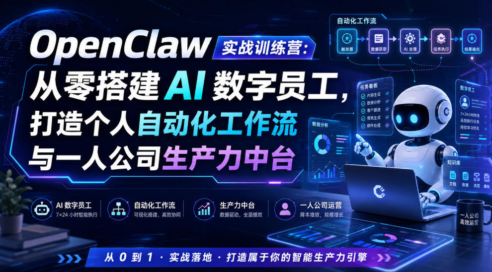 OpenClaw实战训练营:从零搭建AI数字员工,打造个人自动化工作流与一人公司生产力中台-优优云网创