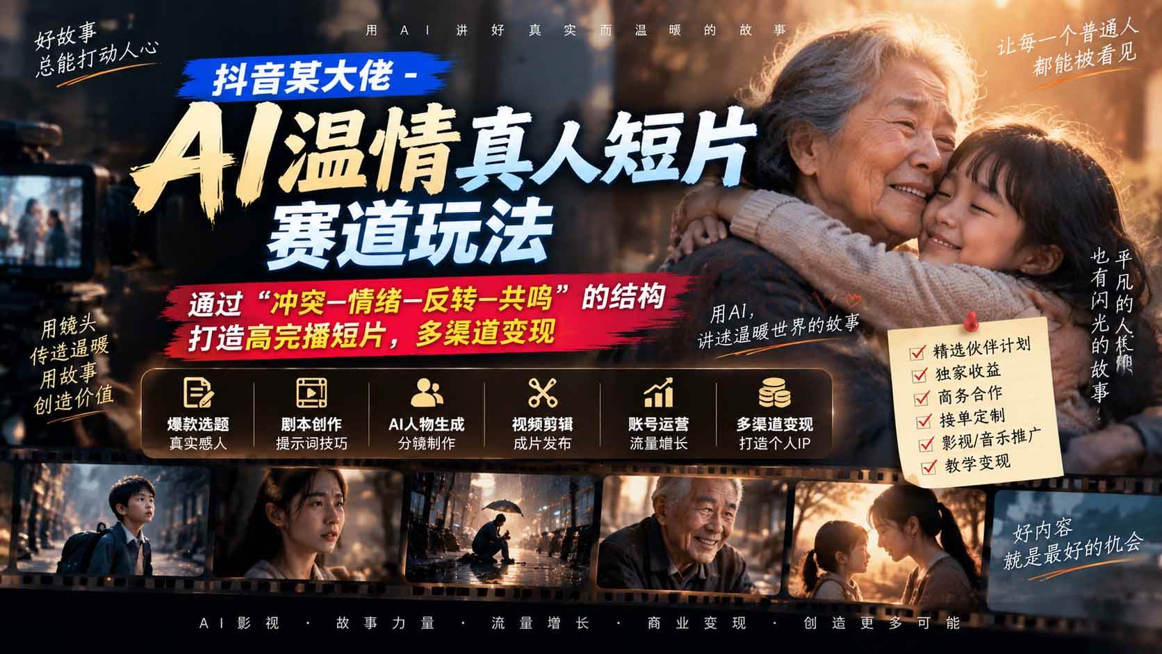 (20538期)抖音某大佬-AI温情真人短片赛道玩法:通过“冲突—情绪—反转—共鸣”的结构打造高完播短片,多渠道变现-优优云网创-中创网