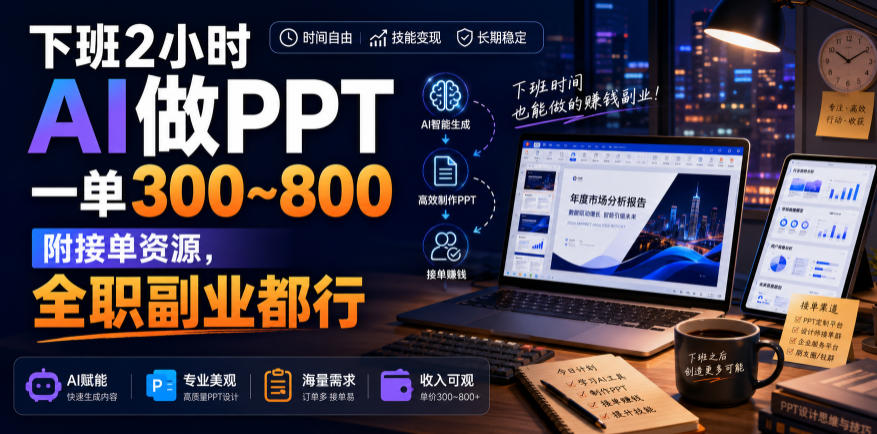 下班2小时AI做PPT,一单300~800,附接单资源,全职副业都行【揭秘】-优优云网创