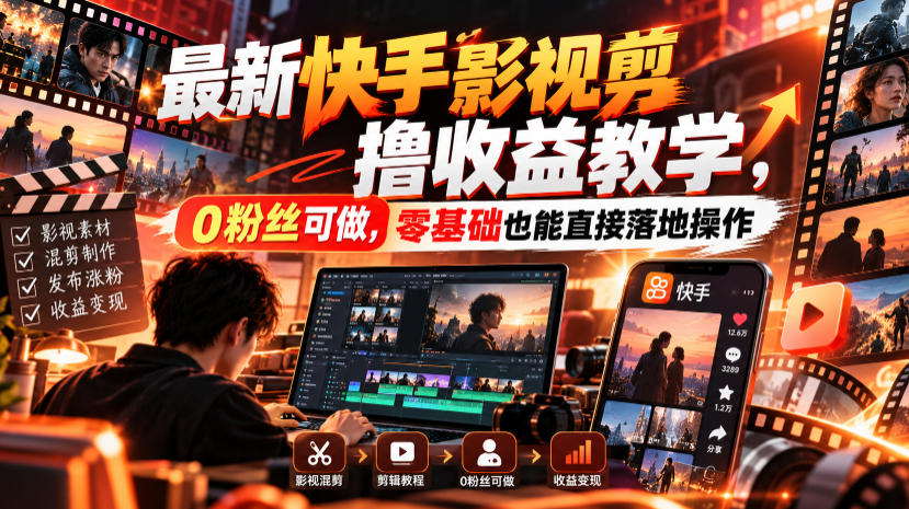 最新快手影视混剪撸收益教学,0粉丝可做,零基础也能直接落地操作-优优云网创-中创网