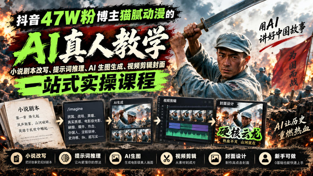 抖音47W粉博主猫腻动漫的AI真人漫剧教学,小说剧本改写、提示词推理、AI生图生成、视频剪辑封面一站式实操课程-优优云网创-中创网