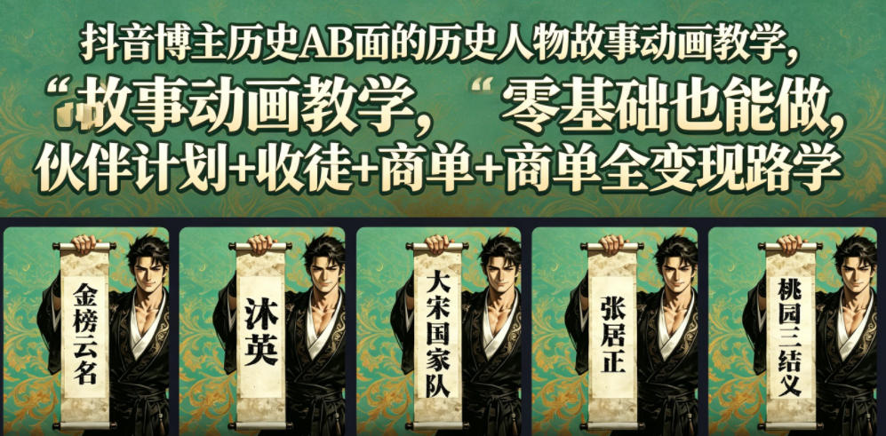 抖音博主历史AB面的历史人物故事动画教学,零基础也能做,伙伴计划+收徒+商单全变现路径教学-优优云网创