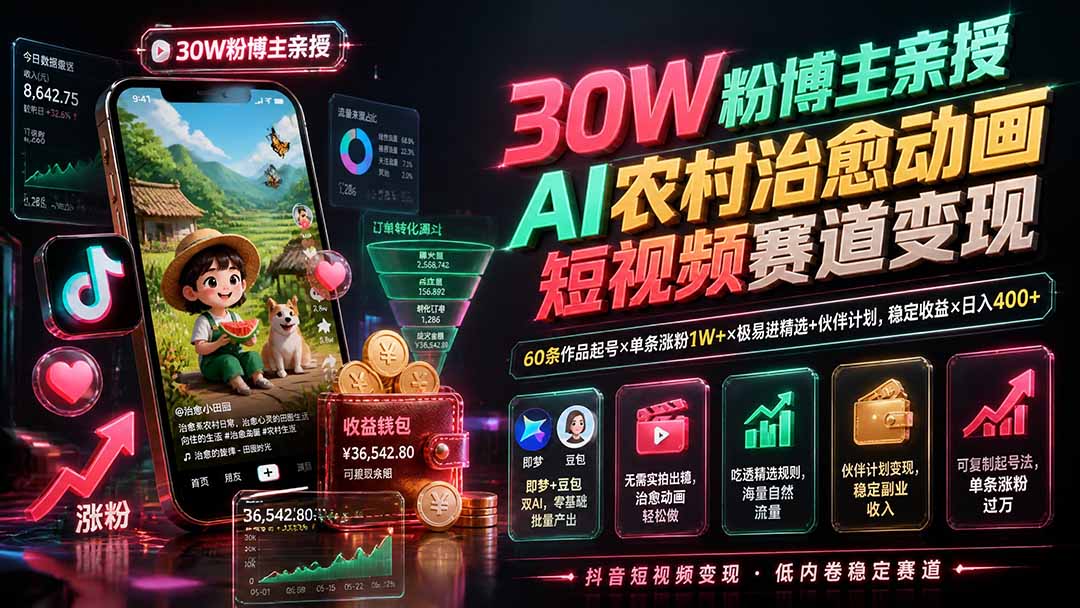 30W粉博主亲授AI农村治愈动画短视频赛道变现:60条作品起号×单条涨粉1W+×极易进精选+伙伴计划,稳定收益×日入400+-优优云网创