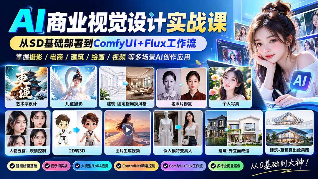 (20824期)【无水印】AI商业视觉设计实战课:从SD基础部署到ComfyUI+Flux工作流,掌握摄影电商建筑AI创作-优优云网创-中创网
